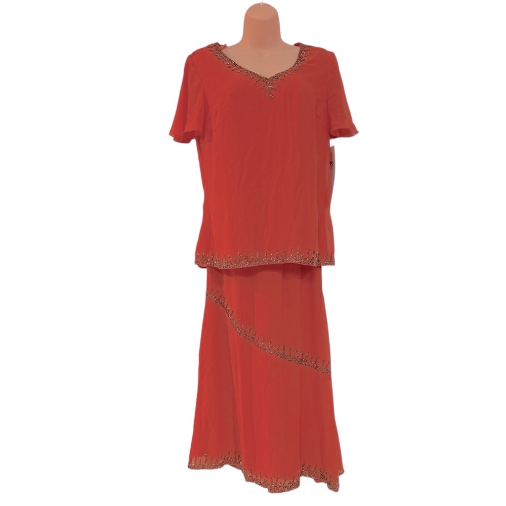 ASHRO Bead Trimmed Georgette Tangerine Orange Midi Skirt Set Wedding Guest Dress - Picture 2 of 16